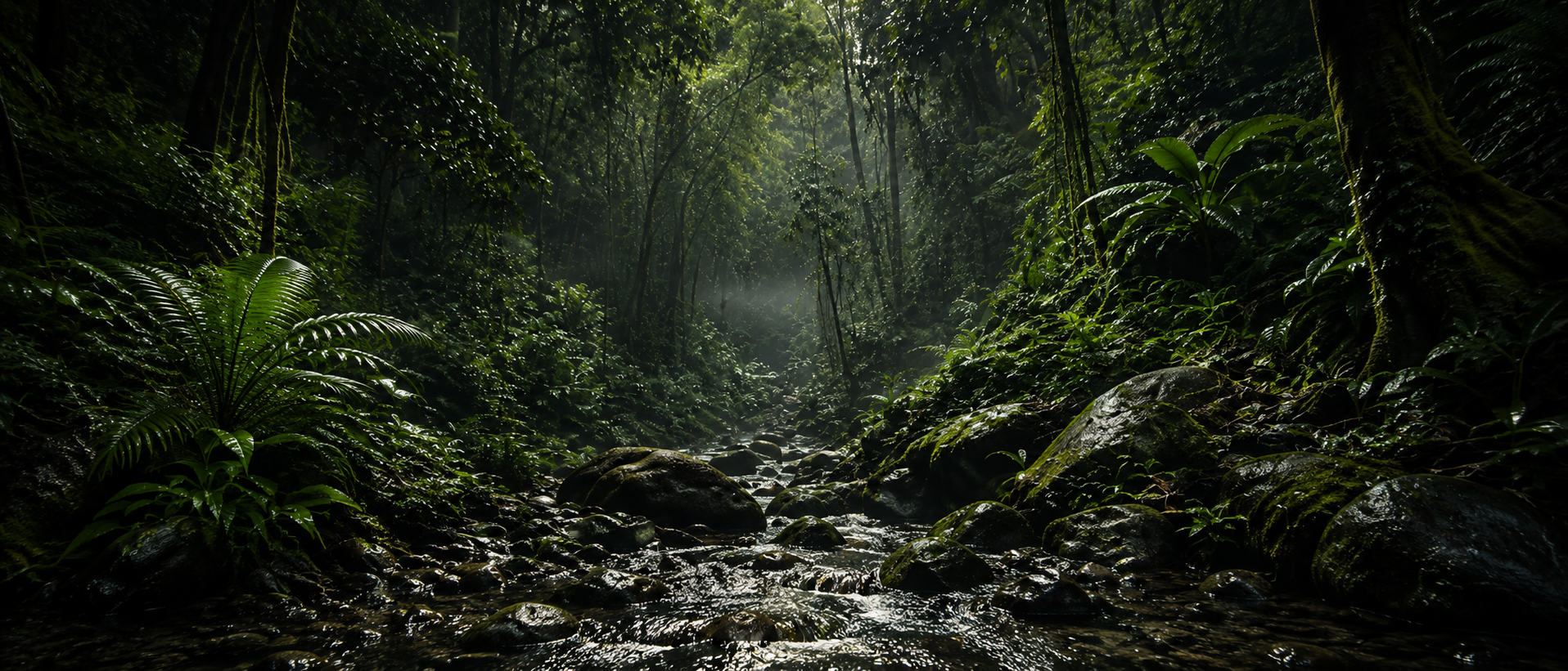 Selva profunda con vegetación y un arroyo entre rocas