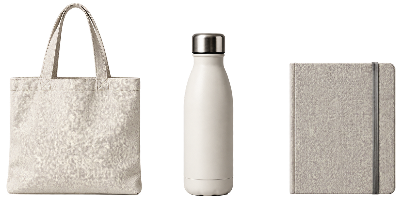 Bolso de lona natural, botella térmica y cuaderno de tela sobre fondo negro